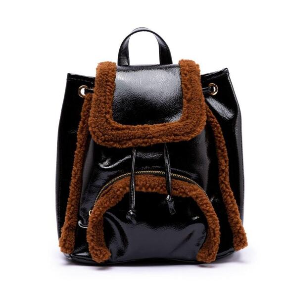 SKINNYDIP LONDON Women's Black & Brown "Scarlett" Small Fluff Trim Backpack - Picture 1 of 7